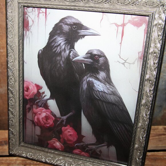 Ornate Dark Moody Gothic Farmhouse Framed Black Ravens & Roses Picture - Picture 2 of 3